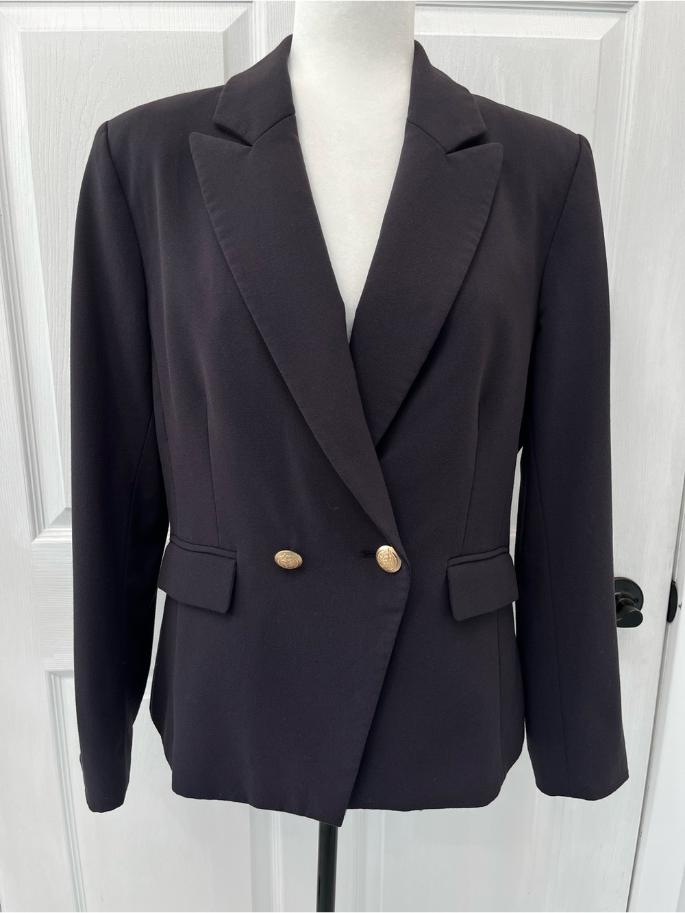 Tahari Arthur S Levine Black Double Breasted Blazer 12 Gold Buttons Workwear